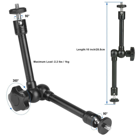 Adjustable magic arm for Magnetic Camera Fence Mount for GoPro, Mevo Start, Insta360 Pocket 3, and iPhone with dimensions shown