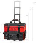 Front view of Rolling Tool Bag Organizer with Wheels, 18 Inch Portable Tool Tote, red and black, adjustable telescoping handle extended.