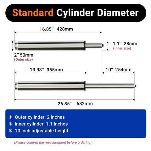 Diagram showing dimensions of Extra Long Gas Lift Cylinder Tube For Bar Stool 17 To 27 Inches 10 Inch Stroke Heavy Duty 1000 Lbs Class 4