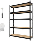 Rock Solid Five Tier Heavy Duty Storage Rack With Thick Mdf Boards And Customizable Spacing for garage, featuring five shelves and tools.