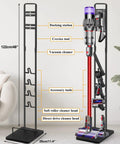 Dyson Vacuum Stand And Cordless Vacuum Accessory Organizer For V15 V11 V10 V8 V7 V6 And DC30 DC31 DC34 DC35 DC58 DC59 DC62 DC74 Heavy Duty Metal Storage Holder with vacuum and parts displayed