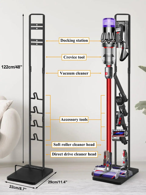 Dyson Vacuum Stand And Cordless Vacuum Accessory Organizer For V15 V11 V10 V8 V7 V6 And DC30 DC31 DC34 DC35 DC58 DC59 DC62 DC74 Heavy Duty Metal Storage Holder with vacuum and parts displayed