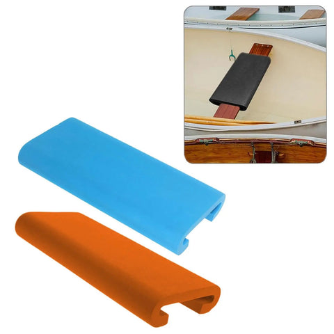 Two Piece Dragon Boat Seat Cushions For Paddling EVA Breathable Shockproof Paddle Seats Fishing Seat Pads For Garage Ultra Cozy Comfortable Ergonomic Boat Cushions In Blue And Orange displayed with a boat.