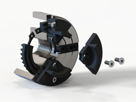Exploded view of a 3-3/4 Inch 4-Jaw Self-Centering Wood Lathe Chuck With 2 Inch Round Jaw and related components