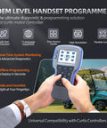 Universal Curtis Controller Handheld Programmer for forklifts, golf carts, pallet jacks and AWP shown in hand with screen display.