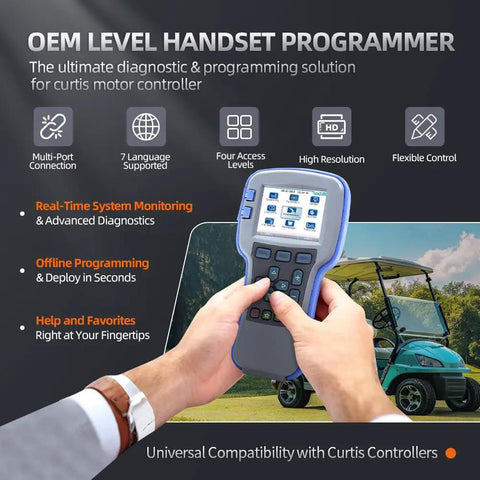 Universal Curtis Controller Handheld Programmer for forklifts, golf carts, pallet jacks and AWP shown in hand with screen display.