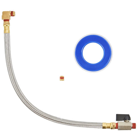 Flexible Braided Steel Tank Drain Valve Kit With 15 Inch Tube And 1/4 Inch NPT Fittings For Air Compressors on white background