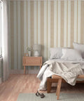 Level Up Your Space With Cream Modern Gold Matte Linen Wallpaper Game Changer PVC Free Durable Wall Covering Pro Grade Paste To Paper Design For Living Areas in a stylish bedroom interior.
