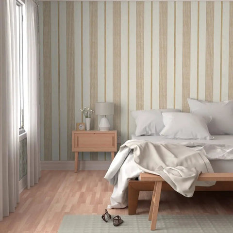 Level Up Your Space With Cream Modern Gold Matte Linen Wallpaper Game Changer PVC Free Durable Wall Covering Pro Grade Paste To Paper Design For Living Areas in a stylish bedroom interior.