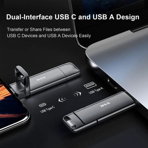 External USB C SSD Drive 512GB With Dual USB C And USB A 3.2 Gen2 Up To 550MB Per Second shown connected to laptop and phone