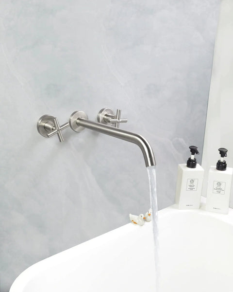 Wall Mounted Tub Filler Faucet With Two Handles, Brushed Nickel Finish, Extra Long 13 Inch Spout, Brass Rough In Valve shown filling tub