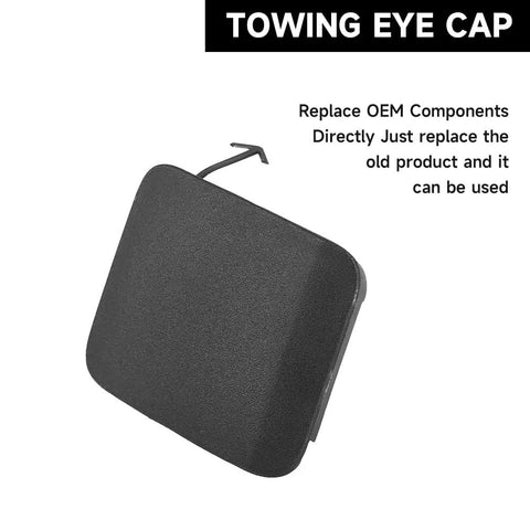 Toyota C HR Front Left Bumper Tow Hook Cover Cap Unpainted for 2020-2022, showing towing eye cap design with text instructions