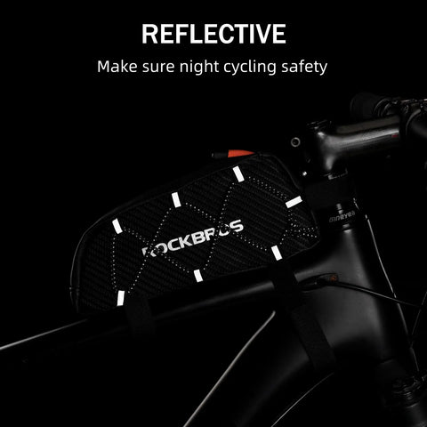 Ride Ready Front Frame Bag For Bikes With Large Capacity Main Compartment, black reflective design, mounted on bike top tube.