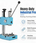 Heavy Duty Manual Bench Arbor Press No Drama Tool Free Setup Smooth Lever Action for punching and riveting with blue body.
