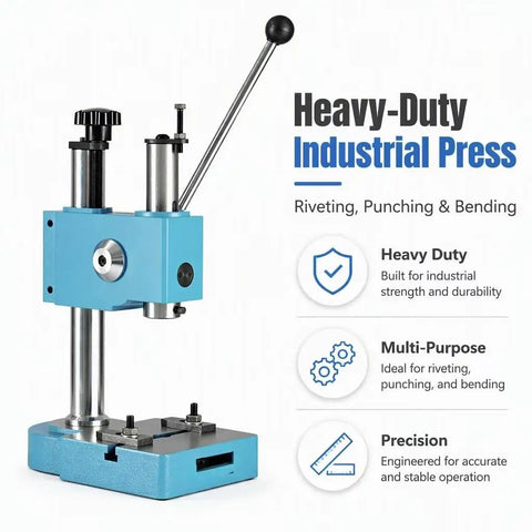 Heavy Duty Manual Bench Arbor Press No Drama Tool Free Setup Smooth Lever Action for punching and riveting with blue body.