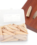 Pro Grade Pine Wood Pocket Hole Plugs Kit, 50pcs wood screw plugs for concealing pocket holes, shown in box with wooden board