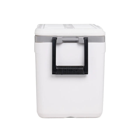 Front view of Latitude Marine Ultra White 25 Quart Cooler With Cool Riser Technology ThermoCool Foam Insulation Swing Up Handles And Tie Down Loop
