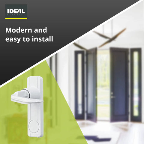 White In Swing Storm Door Handle Set for 7/8 to 1 3/8 Inch Thick Doors, no key lock, with open doors in the background
