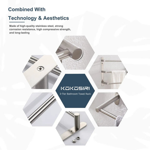 Collage of Stainless Steel 3 Tier Ladder Towel Rack Wall Mount In Brushed Nickel Rustproof SUS 304 design and assembly details.