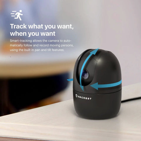 1080P WiFi Indoor Security Camera With Pan Tilt Zoom AI Human And Pet Detection on desk with tracking arrows