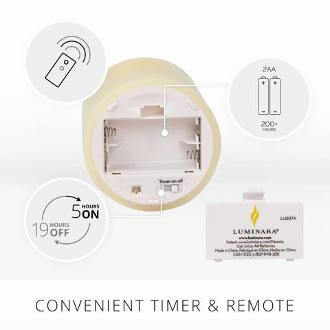 Back view of Flameless LED Ivory Pillar Candle With Real Wax Look showing battery compartment and timer function.