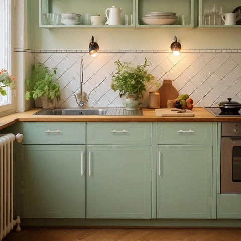 Mint green kitchen cabinets with Two Tone Brushed Nickel And Gold Cabinet Pulls 7.38 Inch And 5 Inch Center To Center 30 Pack.