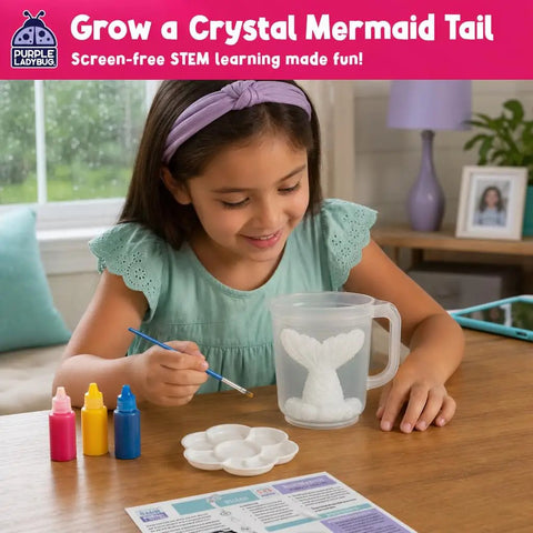 Mermaid Crystal Growing Kit For Kids 6 To 8, STEM Craft Toy That Grows Sparkling Crystals On A Mermaid Tail, Totally Screen-Free, Hands-On Science And Art Project For Young Scientists. Girl painting mermaid tail kit with crystal powder, paints, and tray