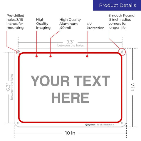 Diagram of Customizable Sign For Office Home And Airbnb Door Front 10x7 Inches Aluminum Sign with dimensions and features.