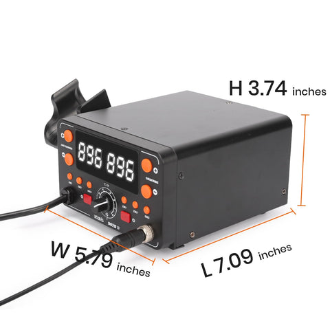 Black box of Two In One Hot Air Soldering And Rework Station With T12 Tip System For Electronics, Fast Heat Up In Seconds, Large Display.