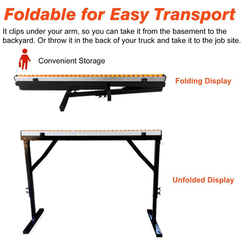 Rock Solid Adjustable Roller Stand Support Two Pack Heavy Steel Frame Portable Woodworking Extension shown in folded and unfolded states.