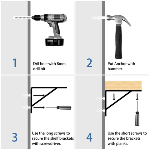 Built Tough As Nails 12X8 Inch Heavy Duty L Brackets For Shelves, Rock Solid Black Steel Angle Mounts With Triangular Support Design, Quick Install Hardware For Stress Free DIY Shelving Or Home Upgrades
