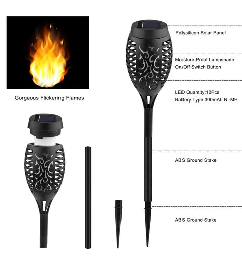 Diagram of Eight Pack Solar Torch Lights Outdoor With Flickering Real Flame Effect showing components and features.