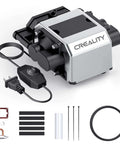Creality air assist for laser cutter; silver unit with power adapter, tubing, O-rings and mounting strips