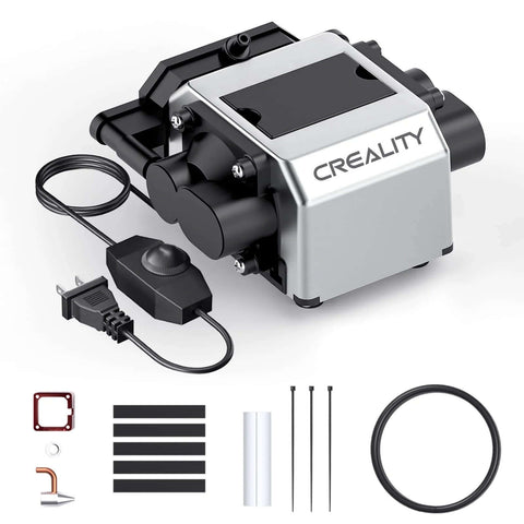 Creality air assist for laser cutter; silver unit with power adapter, tubing, O-rings and mounting strips
