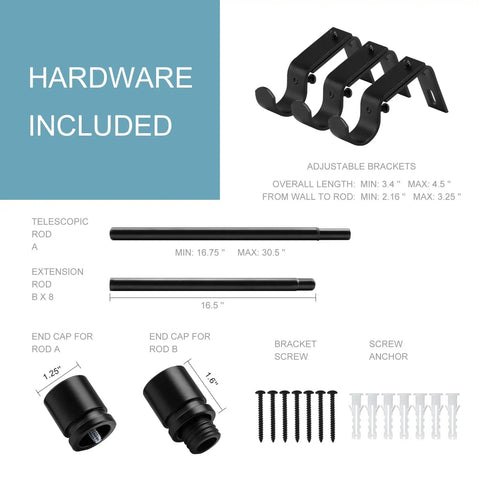 Adjustable Aluminum Curtain Rod Set With Nine Interlocking Pieces, 1 Inch Diameter, Black Finials, hardware included