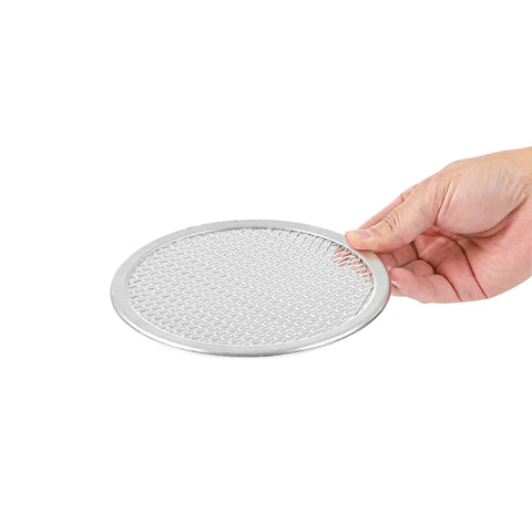 Hand holding Aluminum 6 Inch Pizza Screen Pack Of 144 For Crispy Crust And Fast Even Baking Lightweight And Stackable With Seamless Rim
