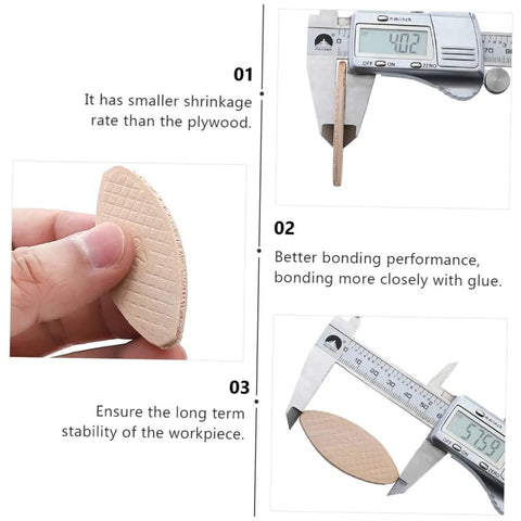 Pro Grade Wood Biscuit Joiner Kit 100 Pcs Beech Wood Biscuits For Thin Materials Under 15mm And Long Joints detailed with measurements
