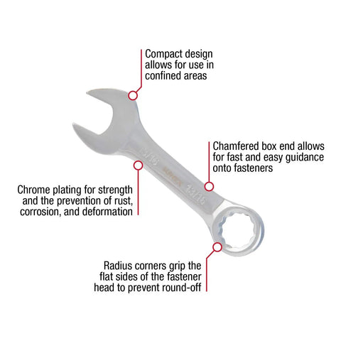 SAE Stubby Wrench Set 3/8 To 15/16 Inch, 11-Piece, Compact design, chrome plating, radius corners, and chamfered box end.