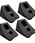 4 Pack Wheel Chocks For Travel Trailers And RVs, Non Slip Stackable And Lightweight Wheel Stoppers For Cars Campers And Trucks, 8.1 By 6.1 By 4.5 Inches, Black, shown in a set of four.