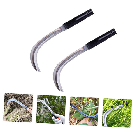 2-Pack Mowing Sickle Weeding Hook With No Slip Grip For Gardening And Harvesting, rustproof design shown with usage examples