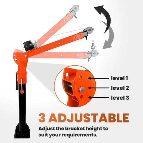 Solid As A Rock Folding Truck Bed Crane With 1100 Lb Capacity And 2000 Lb Electric Winch 12V showing adjustable height levels.