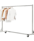 70 Inch Extra Long Garment Rack With Wheels Beefy Industrial Grade Heavy Duty Clothes Rack Chrome Finish Commercial Grade Rolling Clothes Rack Supports Up To 450 Lb with clothing hung on it