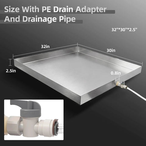 32 By 30 By 2.5 Inch Heavy Duty 304 Stainless Steel Washing Machine Pan With Drain Hole And Hose Adapter for laundry use