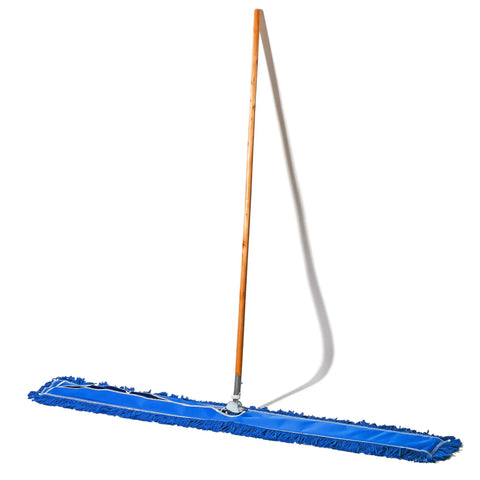No Sweat Cleanup With This Commercial Grade Dust Mop And Sturdy Wood Handle Featuring Washable Head For Sweeping Hardwood Laminate Tile Store And Warehouse Floors Blue, featuring a blue washable mop head.