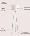60 Inch Chrome Arliss Tripod LED Floor Lamp With Crystal Accents Modern Glam Standing Light Featuring White Linen Drum Shade
