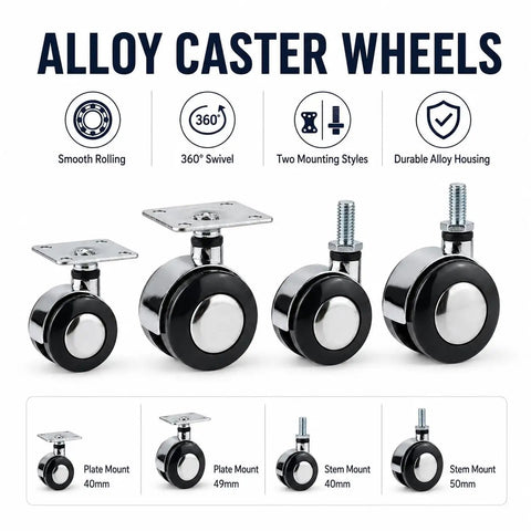 Four Pack Alloy Heavy-Duty Swivel Caster Wheels, 360 Degree Twin Wheel Casters with plate and stem mounts shown in black alloy