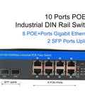 Front view of Industrial Switch 8-Port Gigabit Ethernet With PoE 240W Total, 2 SFP Ports, DIN Rail Mount, IP40 rugged design
