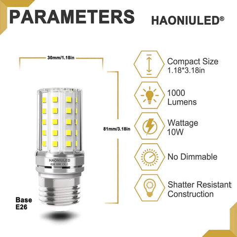 Killer Brightness 10W LED Bulbs 1000 Lumen 6000K Daylight White E26 base with dimensions and features listed