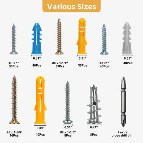 Drywall Anchors And Screws Kit 286 Piece Assortment With Plastic And Zinc Anchors showing various sizes and pieces