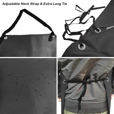 Heavy Duty PU Apron And Latex Gloves Set with adjustable neck strap, waterproof surface, and long back ties, ideal for kitchen and lab use.